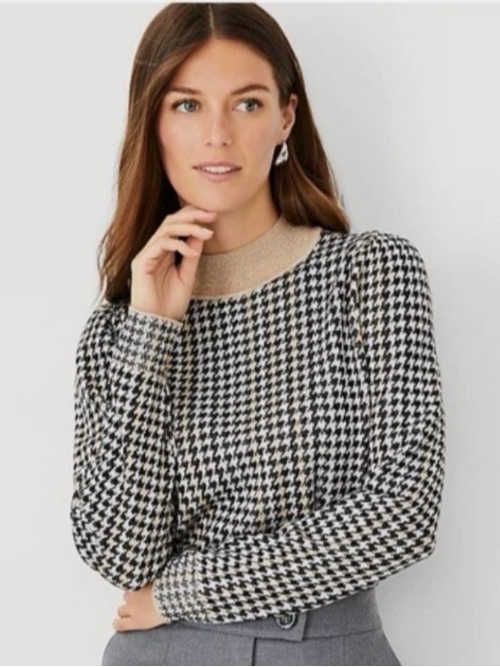 Ann Taylor Houndstooth Black, Gold & Silver Women's Sweater